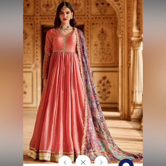 NWT Coral Embroidered Silk Anarkali - Picture 1 of 12